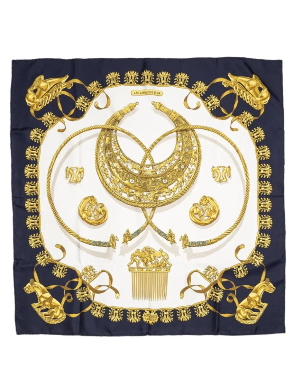 Hermes Scarf Navy Gold White Silk
